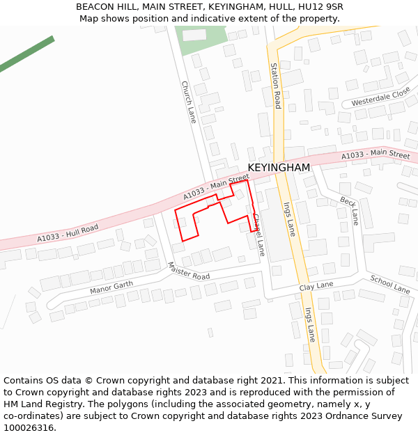 BEACON HILL, MAIN STREET, KEYINGHAM, HULL, HU12 9SR: Location map and indicative extent of plot