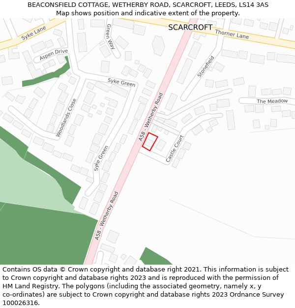 BEACONSFIELD COTTAGE, WETHERBY ROAD, SCARCROFT, LEEDS, LS14 3AS: Location map and indicative extent of plot