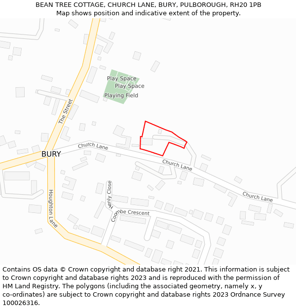 BEAN TREE COTTAGE, CHURCH LANE, BURY, PULBOROUGH, RH20 1PB: Location map and indicative extent of plot