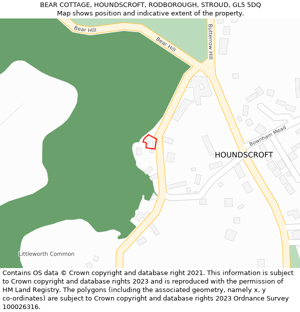 BEAR COTTAGE, HOUNDSCROFT, RODBOROUGH, STROUD, GL5 5DQ: Location map and indicative extent of plot