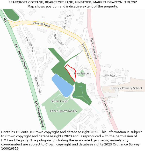 BEARCROFT COTTAGE, BEARCROFT LANE, HINSTOCK, MARKET DRAYTON, TF9 2SZ: Location map and indicative extent of plot