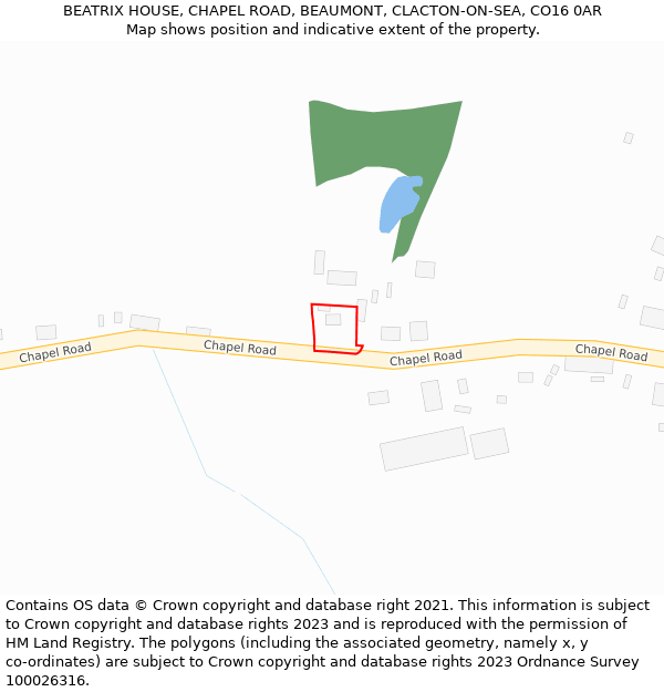 BEATRIX HOUSE, CHAPEL ROAD, BEAUMONT, CLACTON-ON-SEA, CO16 0AR: Location map and indicative extent of plot
