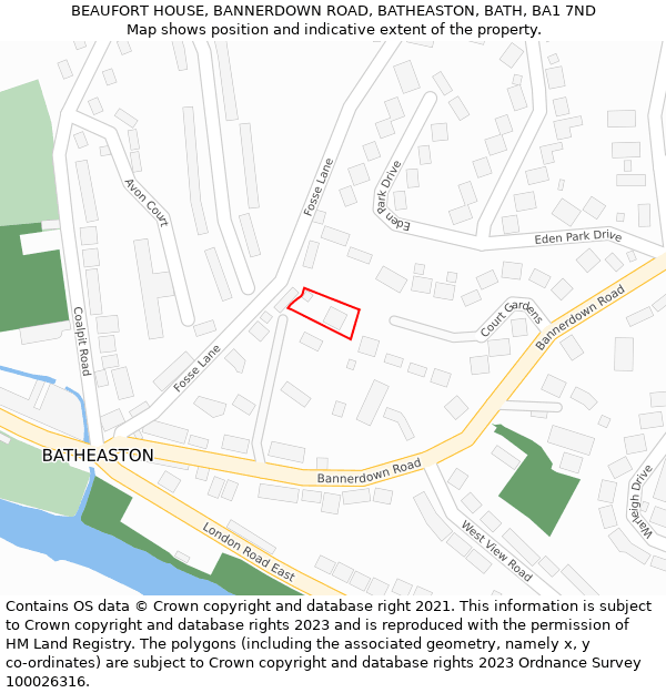 BEAUFORT HOUSE, BANNERDOWN ROAD, BATHEASTON, BATH, BA1 7ND: Location map and indicative extent of plot