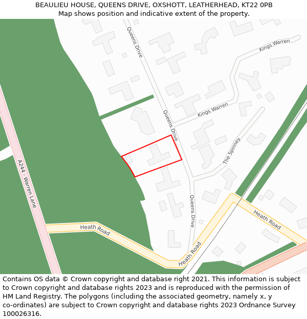 BEAULIEU HOUSE, QUEENS DRIVE, OXSHOTT, LEATHERHEAD, KT22 0PB: Location map and indicative extent of plot