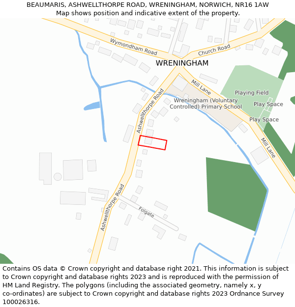 BEAUMARIS, ASHWELLTHORPE ROAD, WRENINGHAM, NORWICH, NR16 1AW: Location map and indicative extent of plot