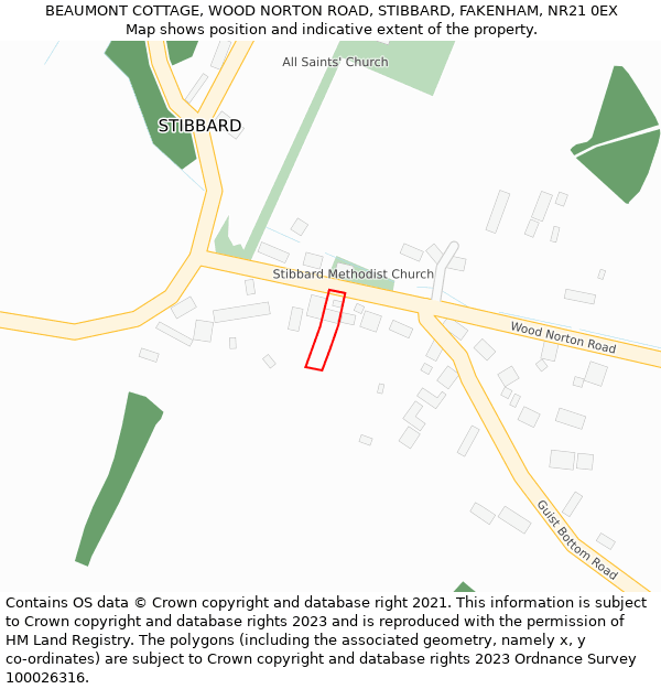 BEAUMONT COTTAGE, WOOD NORTON ROAD, STIBBARD, FAKENHAM, NR21 0EX: Location map and indicative extent of plot