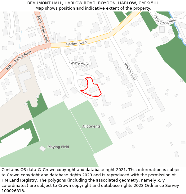 BEAUMONT HALL, HARLOW ROAD, ROYDON, HARLOW, CM19 5HH: Location map and indicative extent of plot