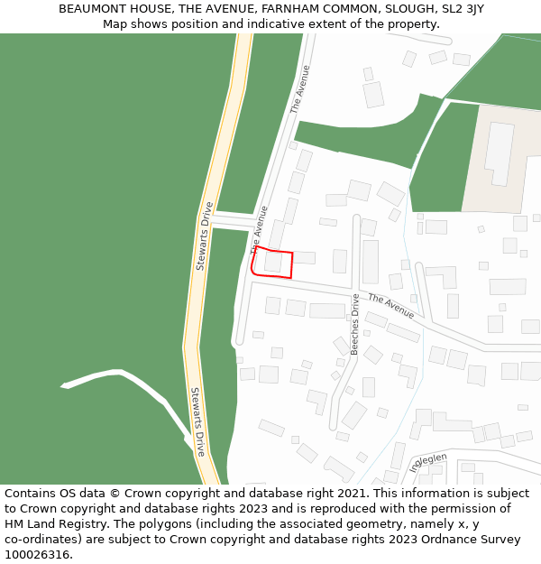 BEAUMONT HOUSE, THE AVENUE, FARNHAM COMMON, SLOUGH, SL2 3JY: Location map and indicative extent of plot