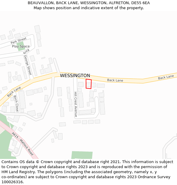 BEAUVALLON, BACK LANE, WESSINGTON, ALFRETON, DE55 6EA: Location map and indicative extent of plot