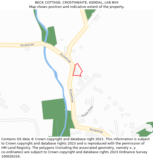 BECK COTTAGE, CROSTHWAITE, KENDAL, LA8 8HX: Location map and indicative extent of plot