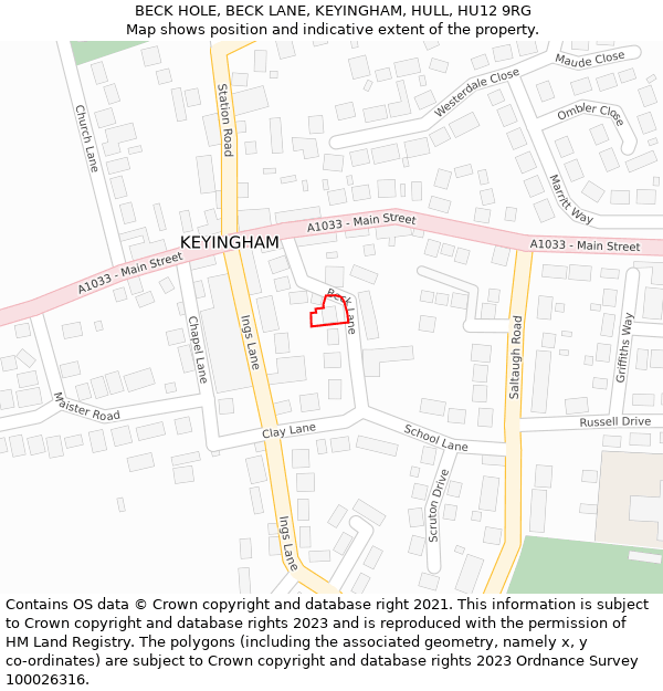 BECK HOLE, BECK LANE, KEYINGHAM, HULL, HU12 9RG: Location map and indicative extent of plot