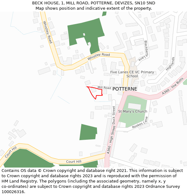 BECK HOUSE, 1, MILL ROAD, POTTERNE, DEVIZES, SN10 5ND: Location map and indicative extent of plot