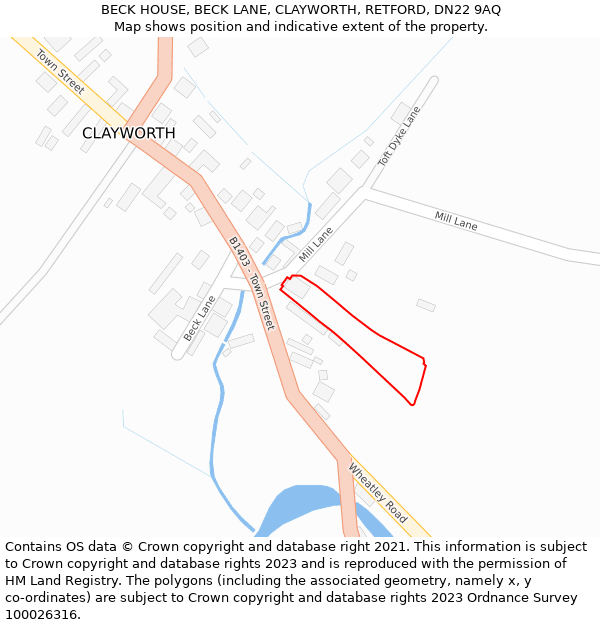 BECK HOUSE, BECK LANE, CLAYWORTH, RETFORD, DN22 9AQ: Location map and indicative extent of plot