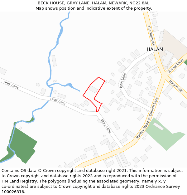 BECK HOUSE, GRAY LANE, HALAM, NEWARK, NG22 8AL: Location map and indicative extent of plot