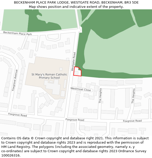BECKENHAM PLACE PARK LODGE, WESTGATE ROAD, BECKENHAM, BR3 5DE: Location map and indicative extent of plot