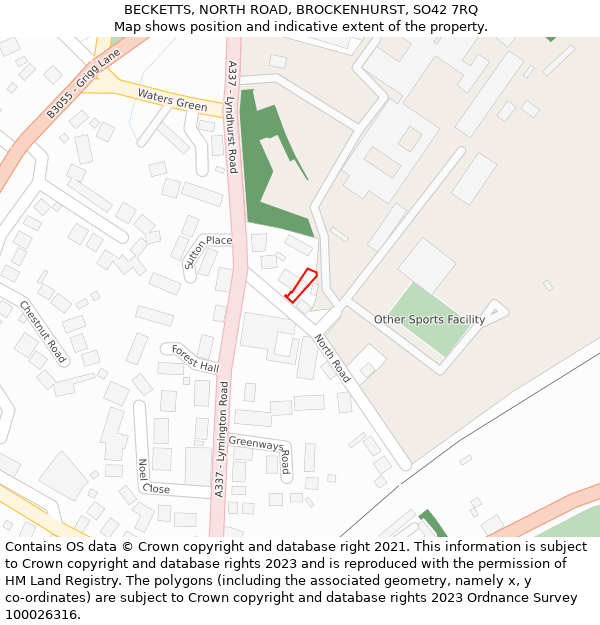 BECKETTS, NORTH ROAD, BROCKENHURST, SO42 7RQ: Location map and indicative extent of plot