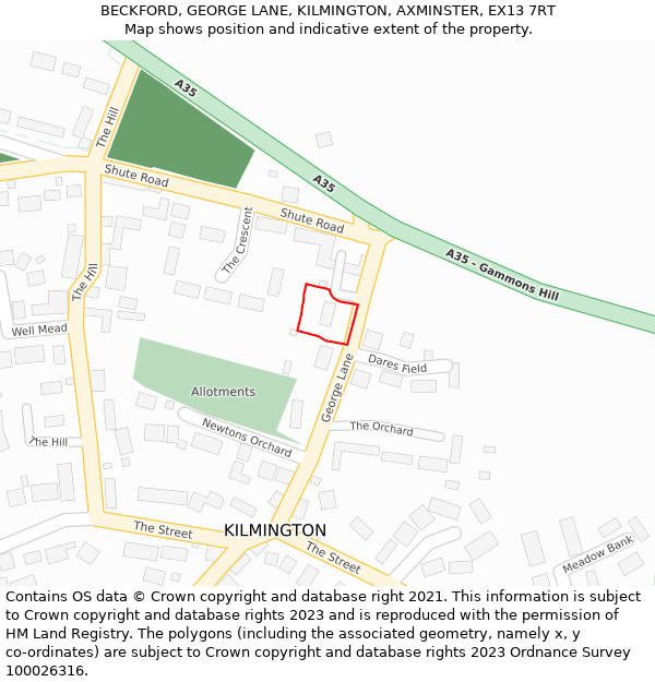 BECKFORD, GEORGE LANE, KILMINGTON, AXMINSTER, EX13 7RT: Location map and indicative extent of plot