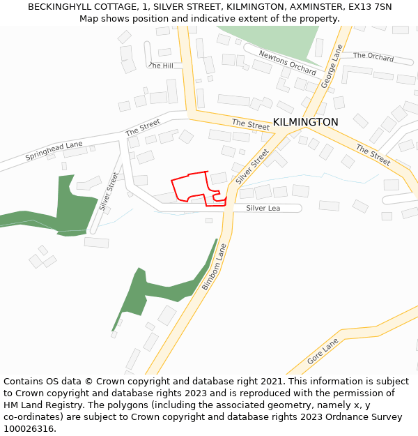 BECKINGHYLL COTTAGE, 1, SILVER STREET, KILMINGTON, AXMINSTER, EX13 7SN: Location map and indicative extent of plot