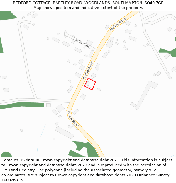 BEDFORD COTTAGE, BARTLEY ROAD, WOODLANDS, SOUTHAMPTON, SO40 7GP: Location map and indicative extent of plot