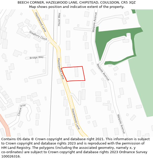 BEECH CORNER, HAZELWOOD LANE, CHIPSTEAD, COULSDON, CR5 3QZ: Location map and indicative extent of plot