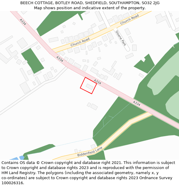 BEECH COTTAGE, BOTLEY ROAD, SHEDFIELD, SOUTHAMPTON, SO32 2JG: Location map and indicative extent of plot