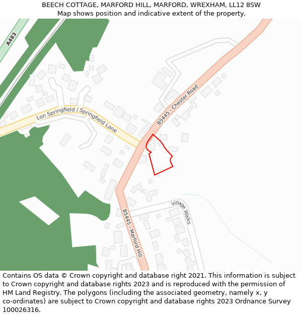 BEECH COTTAGE, MARFORD HILL, MARFORD, WREXHAM, LL12 8SW: Location map and indicative extent of plot