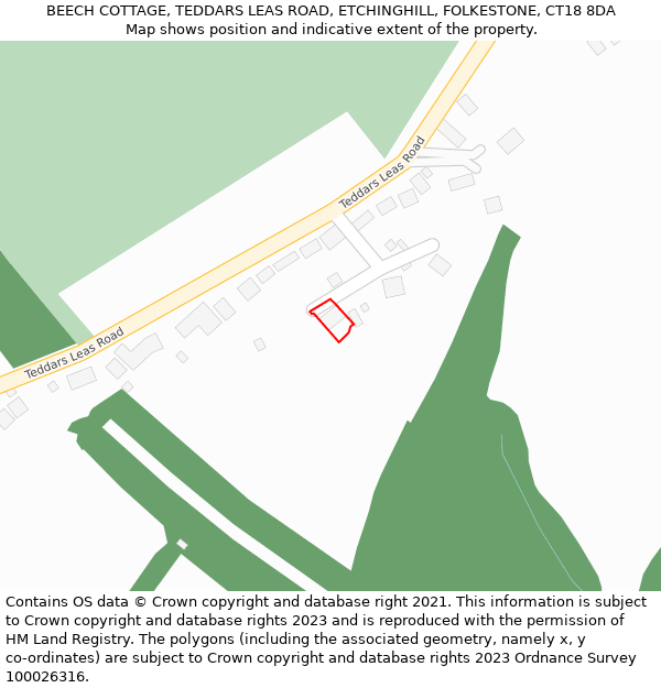 BEECH COTTAGE, TEDDARS LEAS ROAD, ETCHINGHILL, FOLKESTONE, CT18 8DA: Location map and indicative extent of plot