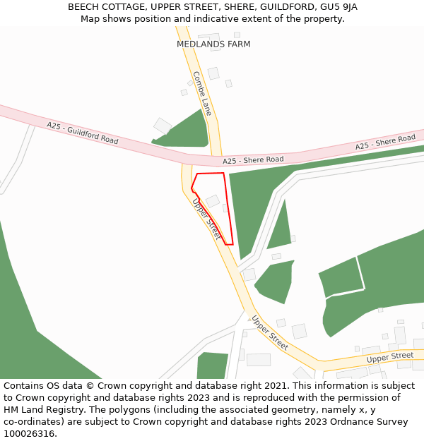 BEECH COTTAGE, UPPER STREET, SHERE, GUILDFORD, GU5 9JA: Location map and indicative extent of plot