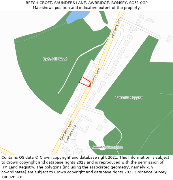 BEECH CROFT, SAUNDERS LANE, AWBRIDGE, ROMSEY, SO51 0GP: Location map and indicative extent of plot