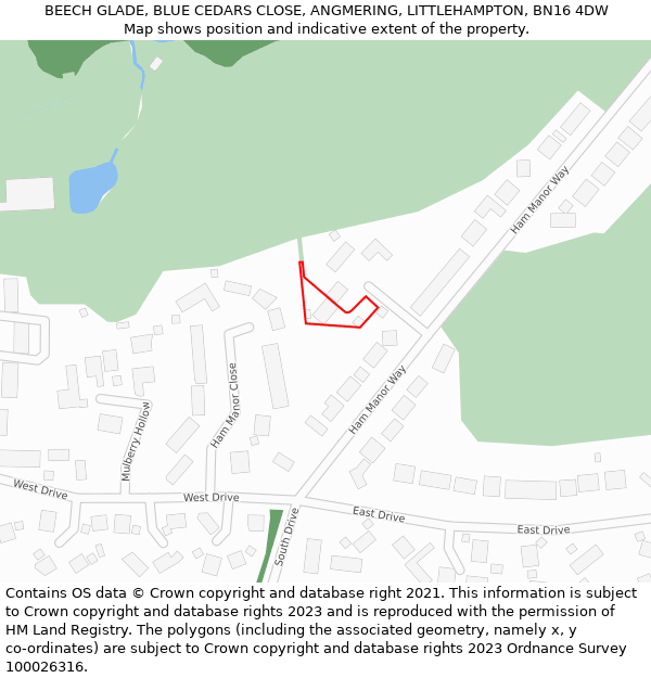 BEECH GLADE, BLUE CEDARS CLOSE, ANGMERING, LITTLEHAMPTON, BN16 4DW: Location map and indicative extent of plot