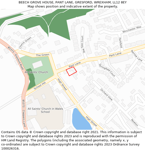 BEECH GROVE HOUSE, PANT LANE, GRESFORD, WREXHAM, LL12 8EY: Location map and indicative extent of plot