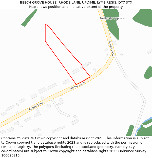 BEECH GROVE HOUSE, RHODE LANE, UPLYME, LYME REGIS, DT7 3TX: Location map and indicative extent of plot