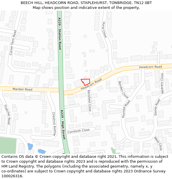 BEECH HILL, HEADCORN ROAD, STAPLEHURST, TONBRIDGE, TN12 0BT: Location map and indicative extent of plot