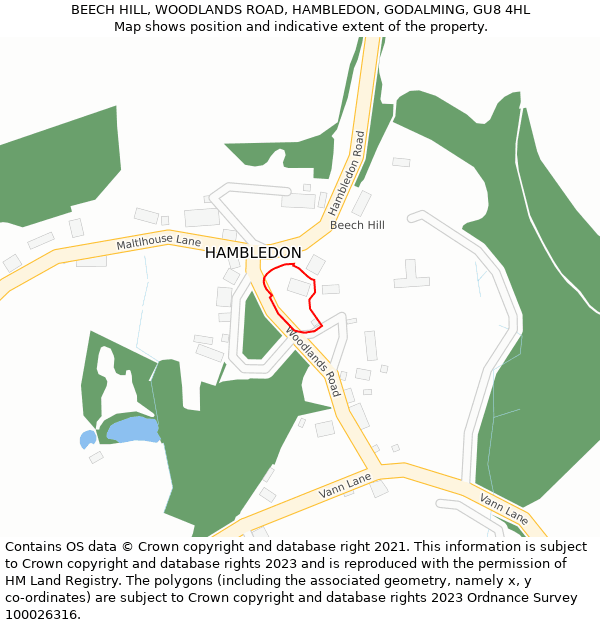 BEECH HILL, WOODLANDS ROAD, HAMBLEDON, GODALMING, GU8 4HL: Location map and indicative extent of plot