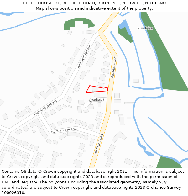 BEECH HOUSE, 31, BLOFIELD ROAD, BRUNDALL, NORWICH, NR13 5NU: Location map and indicative extent of plot