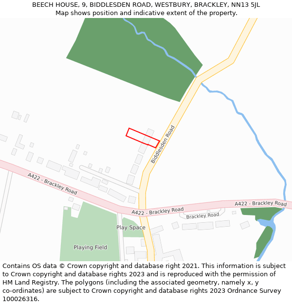 BEECH HOUSE, 9, BIDDLESDEN ROAD, WESTBURY, BRACKLEY, NN13 5JL: Location map and indicative extent of plot