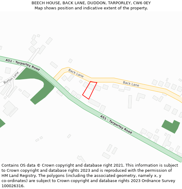 BEECH HOUSE, BACK LANE, DUDDON, TARPORLEY, CW6 0EY: Location map and indicative extent of plot