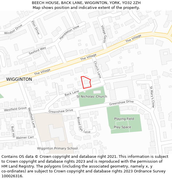 BEECH HOUSE, BACK LANE, WIGGINTON, YORK, YO32 2ZH: Location map and indicative extent of plot