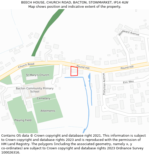 BEECH HOUSE, CHURCH ROAD, BACTON, STOWMARKET, IP14 4LW: Location map and indicative extent of plot