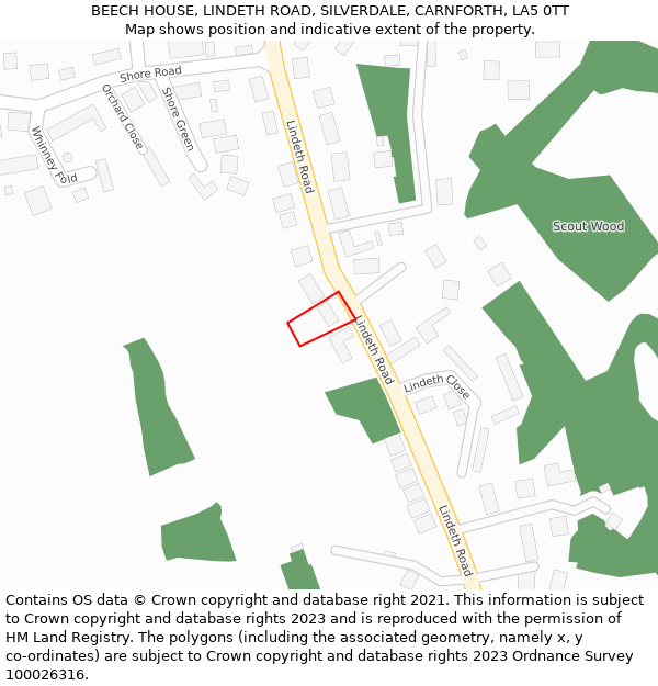 BEECH HOUSE, LINDETH ROAD, SILVERDALE, CARNFORTH, LA5 0TT: Location map and indicative extent of plot
