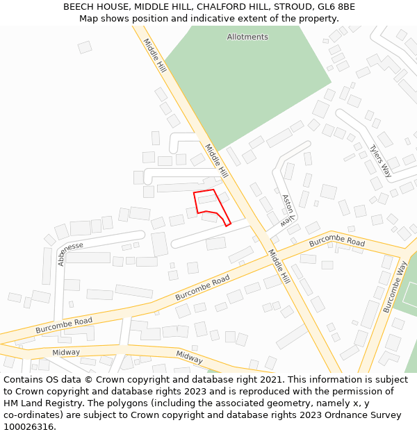 BEECH HOUSE, MIDDLE HILL, CHALFORD HILL, STROUD, GL6 8BE: Location map and indicative extent of plot