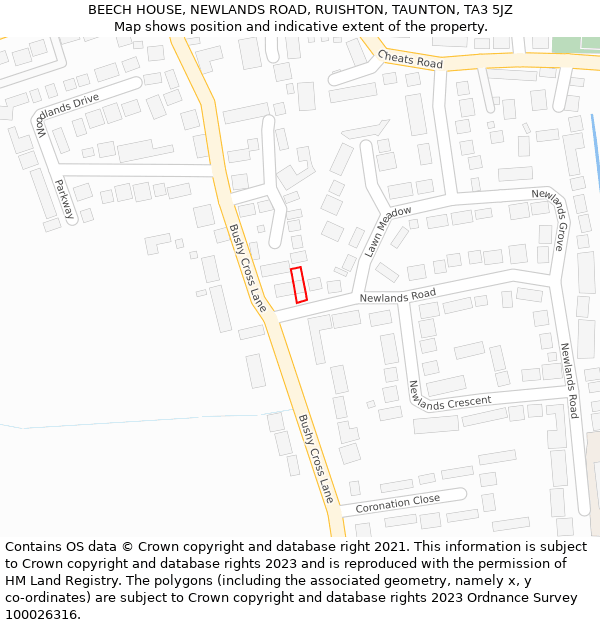 BEECH HOUSE, NEWLANDS ROAD, RUISHTON, TAUNTON, TA3 5JZ: Location map and indicative extent of plot