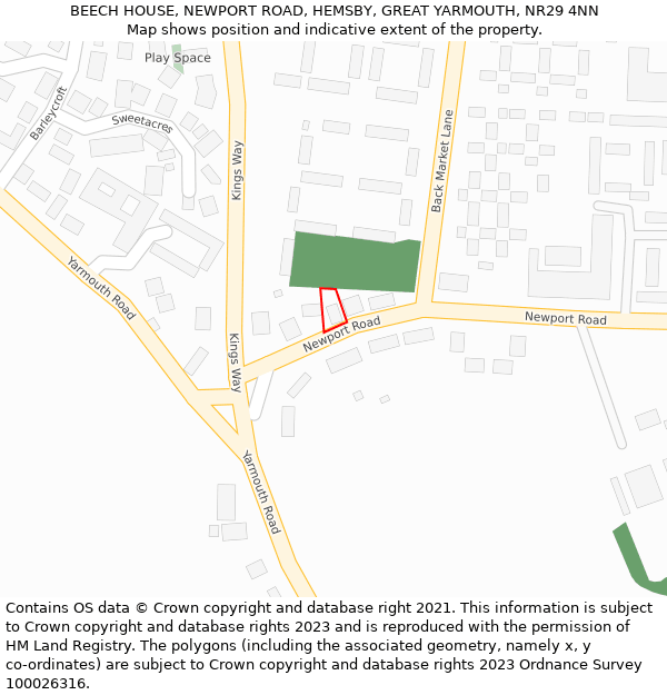 BEECH HOUSE, NEWPORT ROAD, HEMSBY, GREAT YARMOUTH, NR29 4NN: Location map and indicative extent of plot
