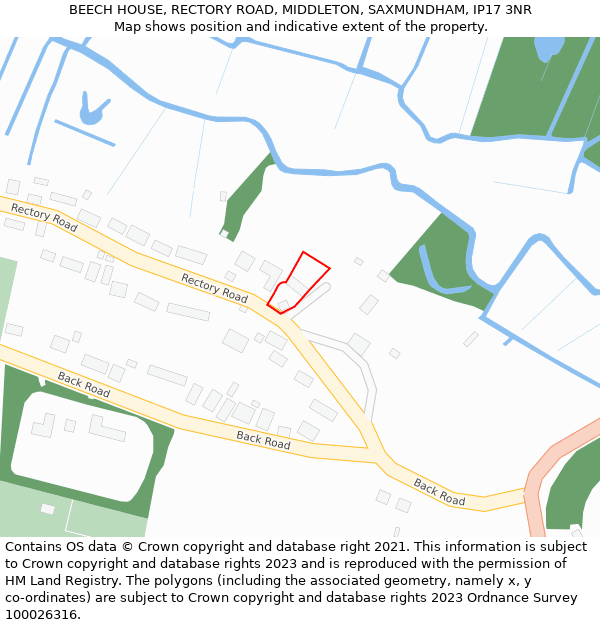 BEECH HOUSE, RECTORY ROAD, MIDDLETON, SAXMUNDHAM, IP17 3NR: Location map and indicative extent of plot