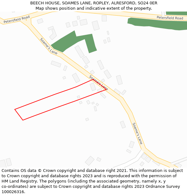 BEECH HOUSE, SOAMES LANE, ROPLEY, ALRESFORD, SO24 0ER: Location map and indicative extent of plot