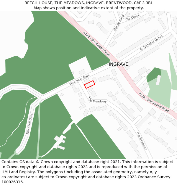 BEECH HOUSE, THE MEADOWS, INGRAVE, BRENTWOOD, CM13 3RL: Location map and indicative extent of plot