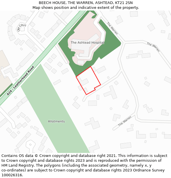 BEECH HOUSE, THE WARREN, ASHTEAD, KT21 2SN: Location map and indicative extent of plot