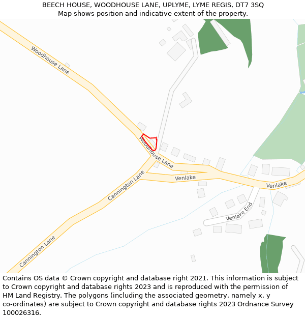 BEECH HOUSE, WOODHOUSE LANE, UPLYME, LYME REGIS, DT7 3SQ: Location map and indicative extent of plot