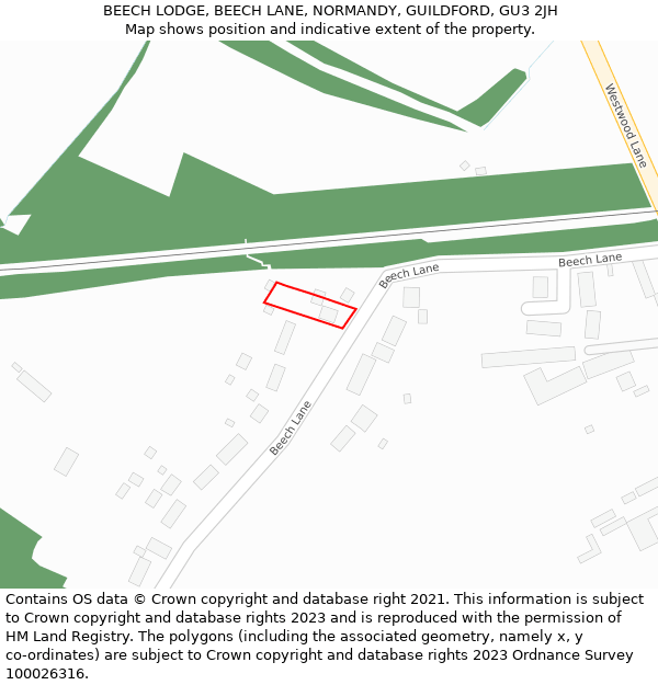 BEECH LODGE, BEECH LANE, NORMANDY, GUILDFORD, GU3 2JH: Location map and indicative extent of plot