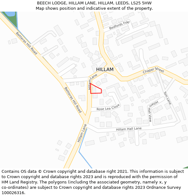 BEECH LODGE, HILLAM LANE, HILLAM, LEEDS, LS25 5HW: Location map and indicative extent of plot